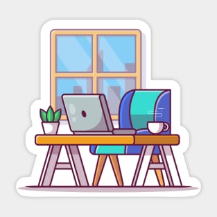 Workspace Laptop With Coffee And Plant (2) Sticker